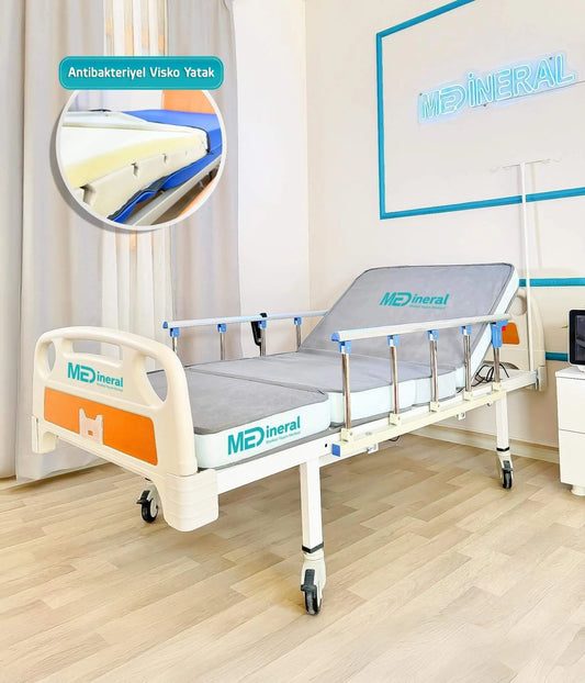 2 Motor Tabanca Korkuluklu Hasta Karyolası + 15 Cm Antibakteriyel Visko Yatak + Alez