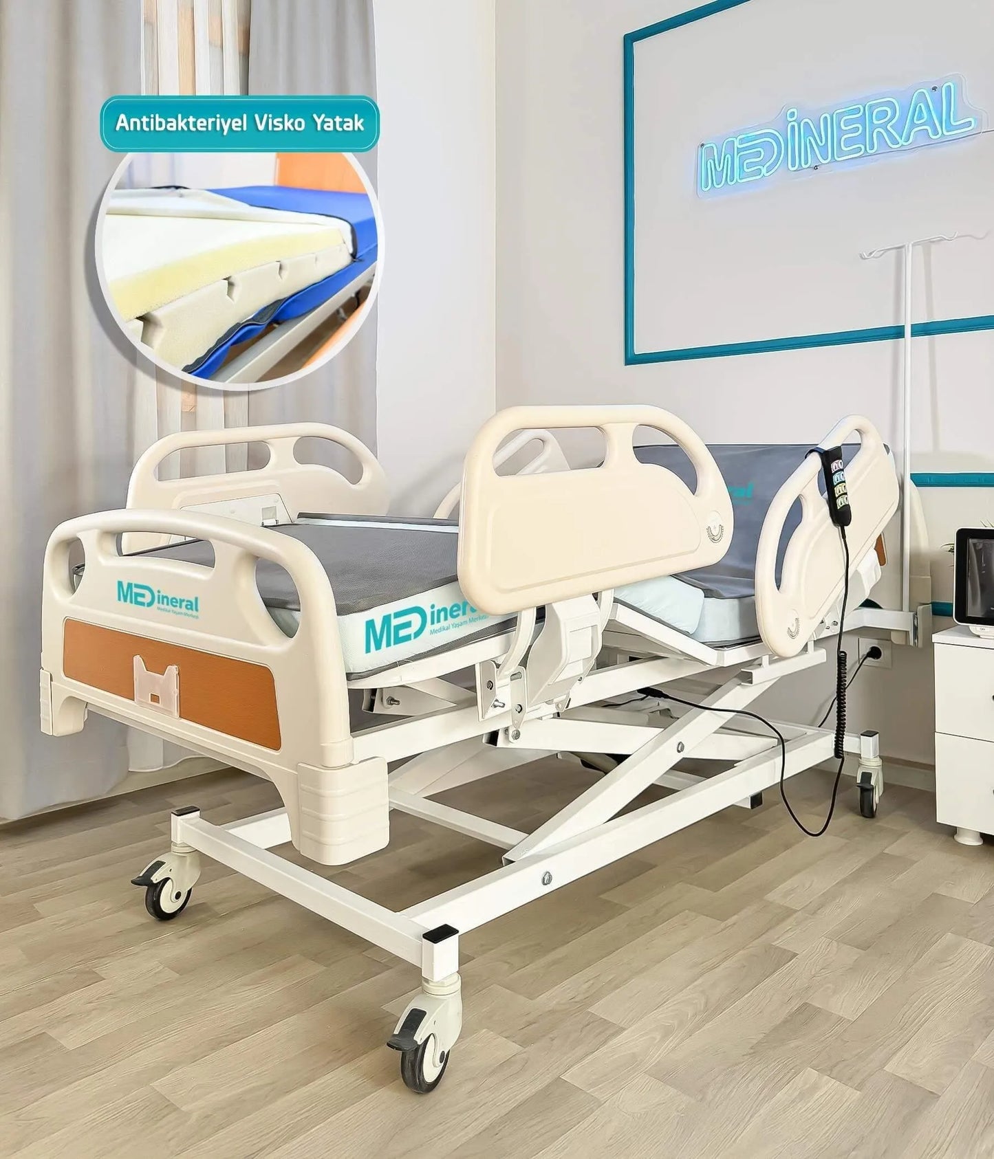 3 Motor Hasta Karyolası Full Abs Asansörlü + 15 Cm Antibakteriyel Visko Yatak + Alez
