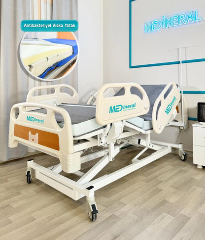 4 Motor Hasta Karyolası Full Abs Asansörlü + 15 Cm Antibakteriyel Visko Yatak + Alez
