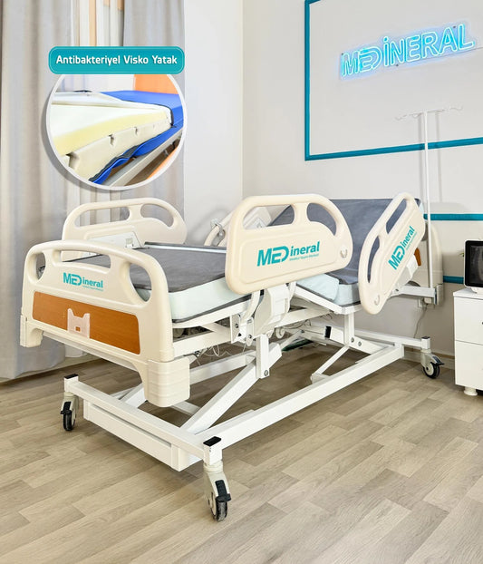 4 Motor Hasta Karyolası Full Abs Asansörlü + 15 Cm Antibakteriyel Visko Yatak + Alez
